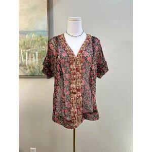 Converse One Star Sheer Floral Ruffle Button Front Blouse Red Tan XS